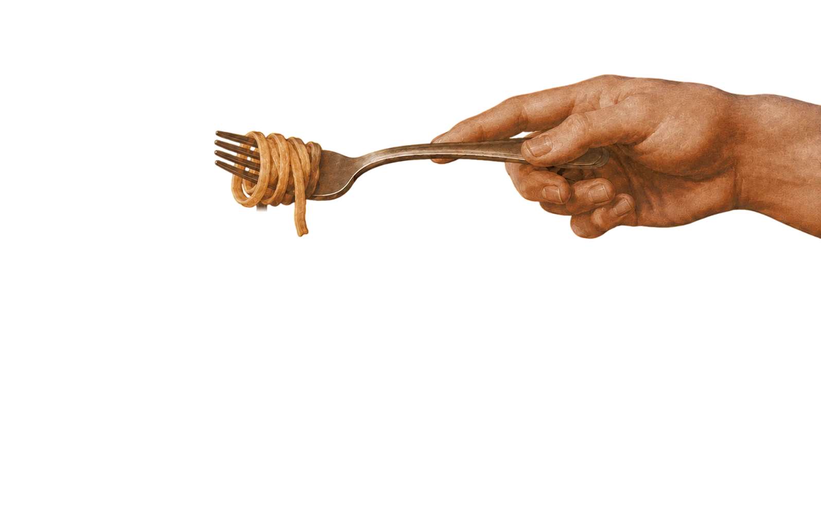 A hand holding a fork wound with noodles
