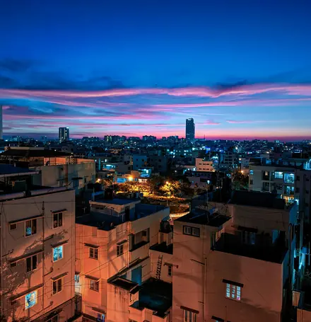 The city at dusk from a rooftop